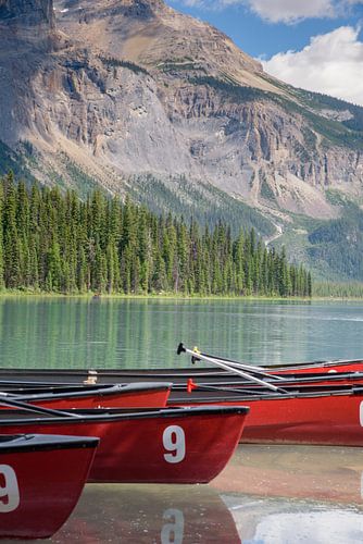 Rode kano's in het Canadese Emerald Lake