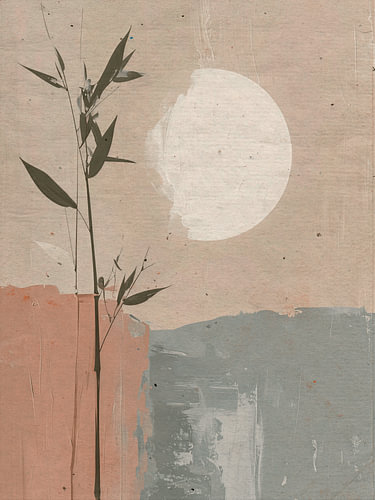 Zen Art.  Minimalistische Bamboe tak onder een volle maan