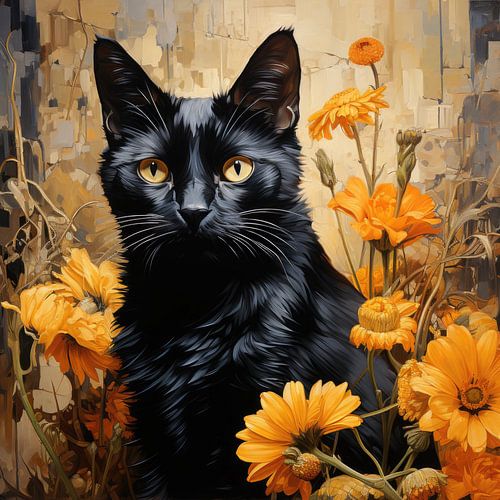 Zwarte kat tussen gouden bloemen