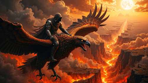 Dark Fantasy Décoration Murale: ASHVAROX - Le messager de l’enfer sur son aigle géant sur INFERAURUM - Dark Fantasy Wall Art