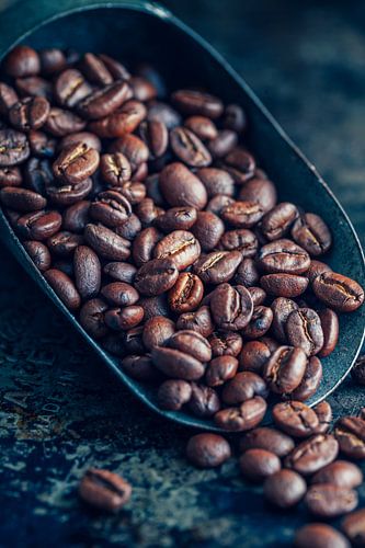 Rituel du café - Des grains de café torréfiés dans une pelle en métal