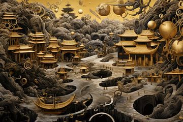 China Surrealismus in Gold und Schwarz von Digitale Schilderijen