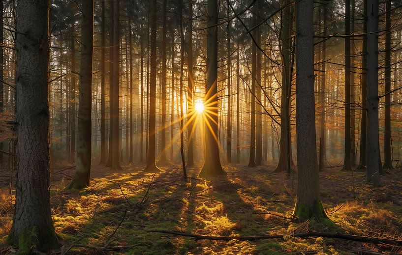 Zonsopgang in de herfstige zee van bos van fernlichtsicht