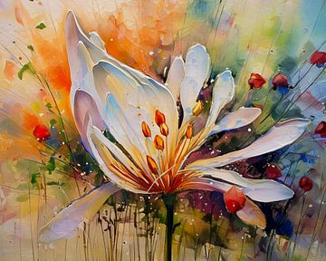 Mixed media schilderij van een Agapanthus (Afrikaanse Lelie) van Studio Pieternel