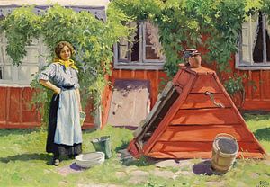 Mädchen an einem Brunnen neben einem rot gestrichenen schwedischen Holzhaus