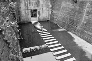 A stripe runs through. black and white photo of boy with striped shirt on a striped path.