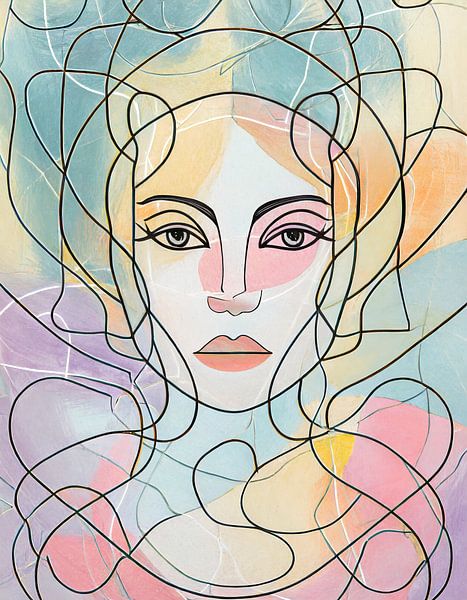 Abstract pastelkleurig portret van een vrouw van Kees van den Burg