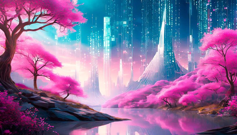 River with pink trees by Mustafa Kurnaz