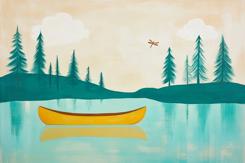 Still lake with yellow canoe and hang glider by Poster Art Shop