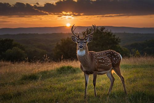 Hert in grasveld bij zonsondergang