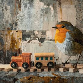 Rotkehlchen mit Retro-Holzspielzeugzug von Emiel de Lange