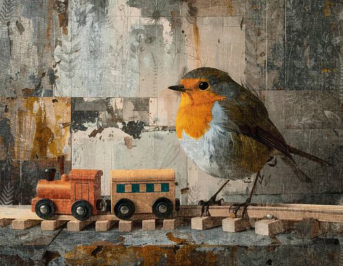 Roodborstje met retro houten speelgoed trein