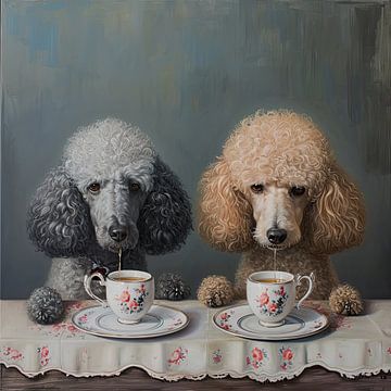 Twee thee drinkende poedels van Vlindertuin Art