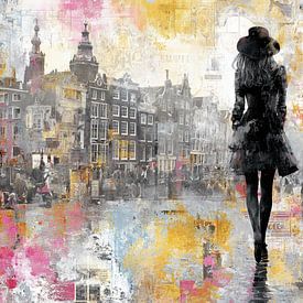 Städtische weibliche Silhouette in Amsterdam - gelb rosa lebendige Street Art Malerei von BowiScapes Abstrakt und digitale Kunst