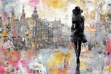Städtische weibliche Silhouette in Amsterdam - gelb rosa lebendige Street Art Malerei von BowiScapes Abstrakt und digitale Kunst