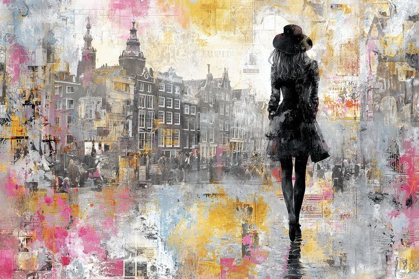 Städtische weibliche Silhouette in Amsterdam - gelb rosa lebendige Street Art Malerei von BowiScapes – Landschaftskunst