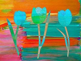 Modern abstract collage of tulips in orange, turquoise and pink.