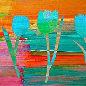 Moderne abstrakte Collage aus Tulpen in Orange, Türkis und Rosa. von Studio Pieternel