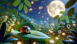 Fairytale night of a ladybird in the glowworm forest by artefacti
