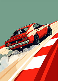 Red Muscle fastback car drifting mountain road, smoke, flat vector illustration by Adam Khabibi
