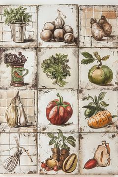 Retro white tiles with food prints as illustrations by Digitale Schilderijen