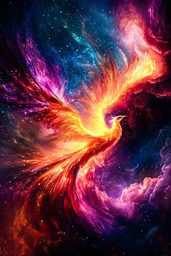 Fiery phoenix in colourful sky by Imperial Art House