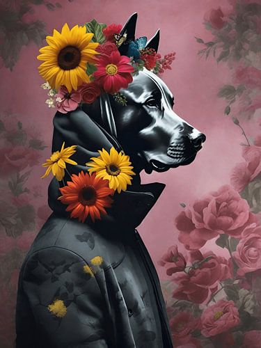 Dog in clothes with pink flowers