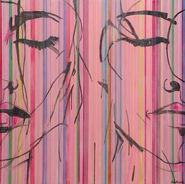 Relax | Soft pink painting of a woman in stripes by Anja Namink - Paintings