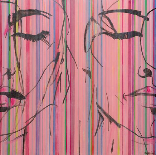 Relax | Soft pink painting of a woman in stripes by Anja Namink - Paintings