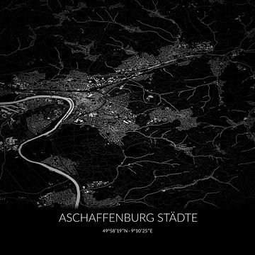 Black and white map of Aschaffenburg Städte, Bayern, Germany. by Rezona