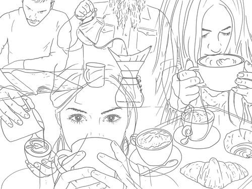 The lovers of coffee (portrait woman man line art line drawing cappuccino espresso lungo hot))