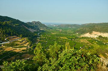 Uitzicht op sinaasappelplantages aan de Middellandse-Zeekust van Spanje tussen de bergen. Aan de hor van LuCreator