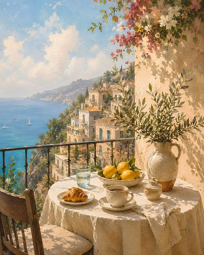 Frühstück auf dem Balkon im mediterranen Küstenstil