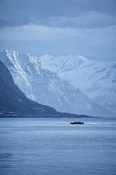 Safari boot met Sunnmøre Alps op de achtergrond op Godøy, Ålesund, Noorwegen van qtx