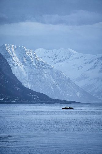 Safari boot met Sunnmøre Alps op de achtergrond op Godøy, Ålesund, Noorwegen