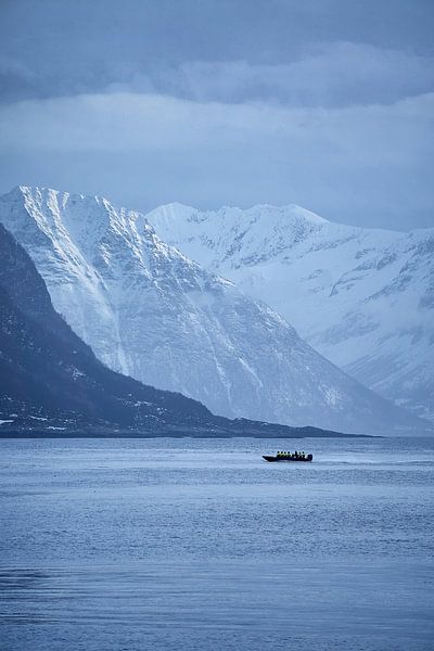 Safari boat with Sunnmøre Alps in the background at Godøy, Ålesund, Norway by qtx