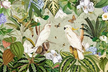Tropische kaketoes en vlinders in het weelderige regenwoud van Floral Abstractions