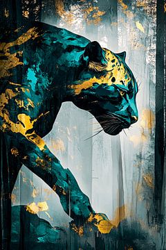Abstracte panter in teal en goud van Imperial Art House