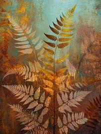 Gold-coloured fern leaves on a turquoise and rust-brown background by Studio Pieternel