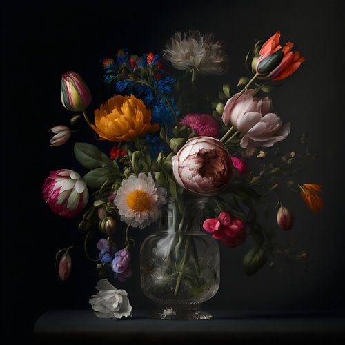 Modern still life of flowers in a glass vase, digital art