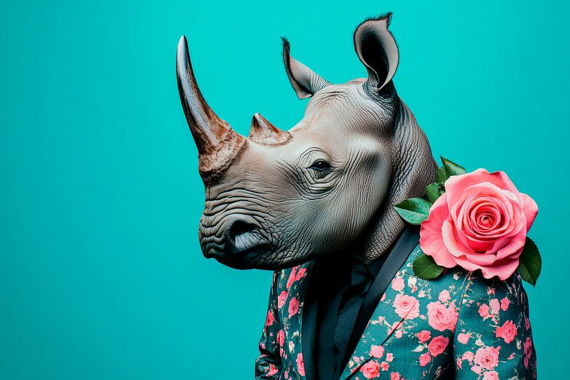 Elegant rhino man with floral jacket by Poster Art Shop