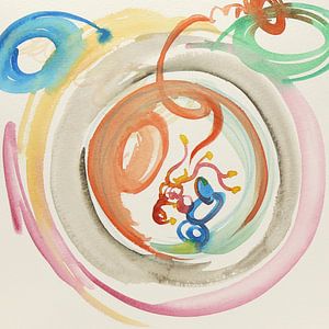Abstracte rondes (vrolijk aquarel schilderij galaxy cirkels planeten retro blauw groen oranje roze)