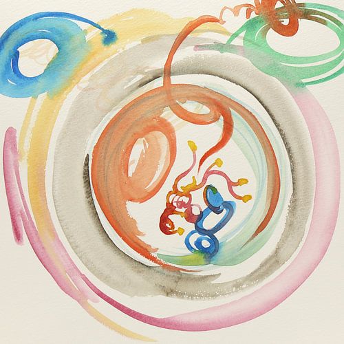 Cercles abstraits (peinture aquarelle joyeuse galaxie cercles planètes rétro bleu vert orange rose)