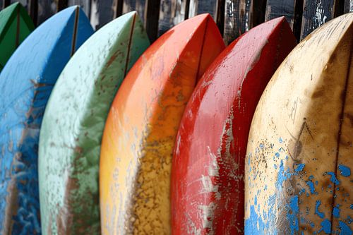 Kleurrijke surfboards tegen muur