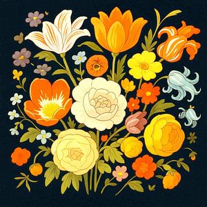Graphik Blumen Rosen Tulpen gelb rot orange blau Garten