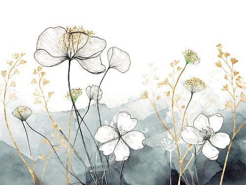 Botanische illustratie: Fragiele bloemen in grijs en goud
