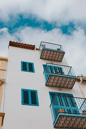 Tiles on the colorful houses the center of Jávea. Alicante, Spain