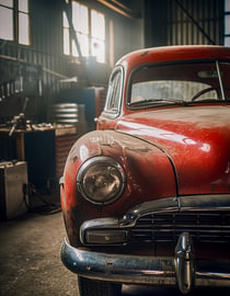 Gros plan sur une voiture de collection rouge garée dans un ancien hangar d'aviation transformé en atelier