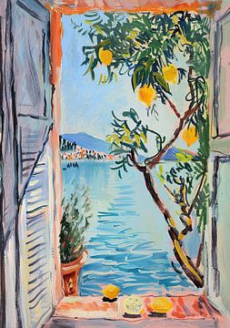 Henri Matisse Style Poster, Mediterranean Sea, Open Window, Pastel