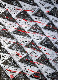 Traces de fil rouge sur des triangles noirs et blancs sur elha-Art